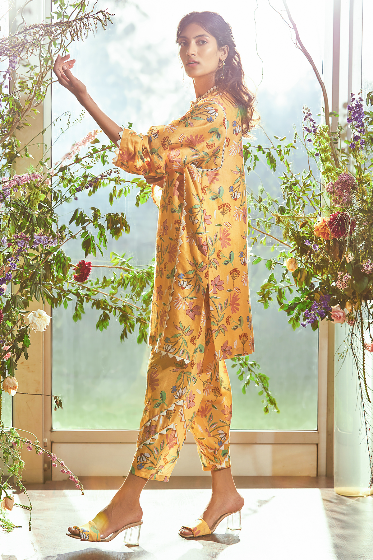 RM-Yellow big floral printed chanderi kurta. Yellow big floral printed salwar pants.