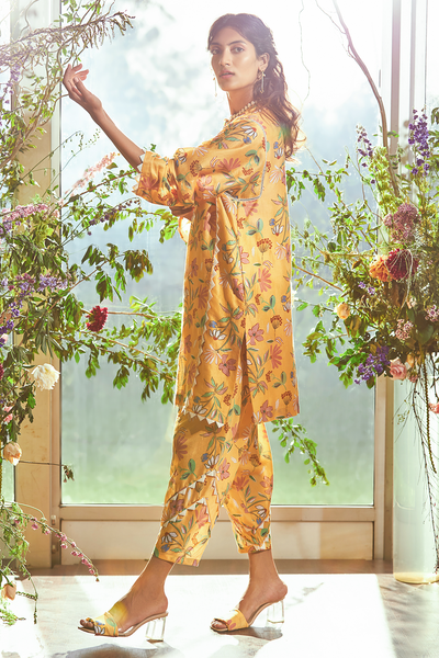 RM-Yellow big floral printed chanderi kurta. Yellow big floral printed salwar pants.
