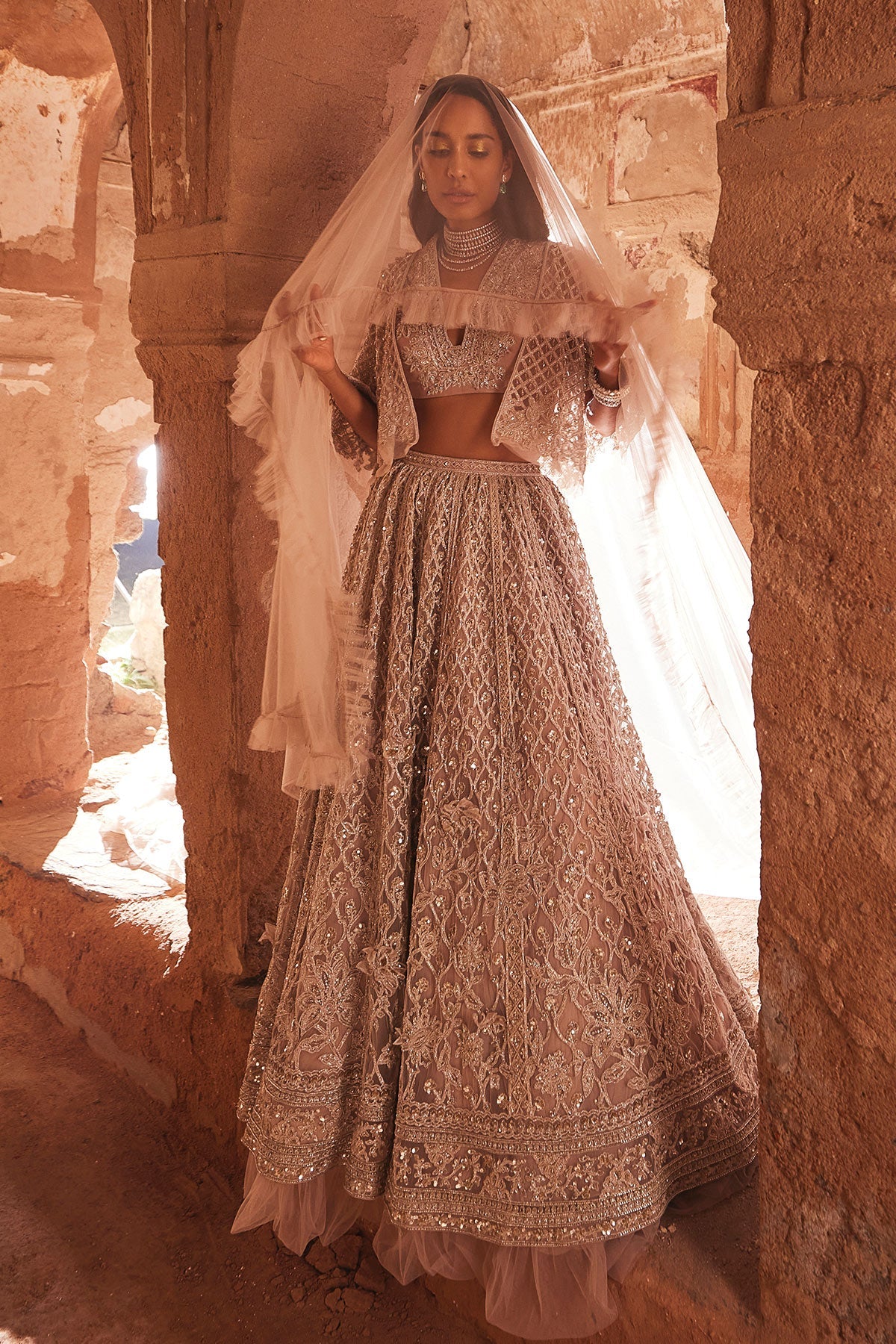 RM Champagne Embroidered Net Cape, Sleeveless Organza Blouse And Net Lehenga
