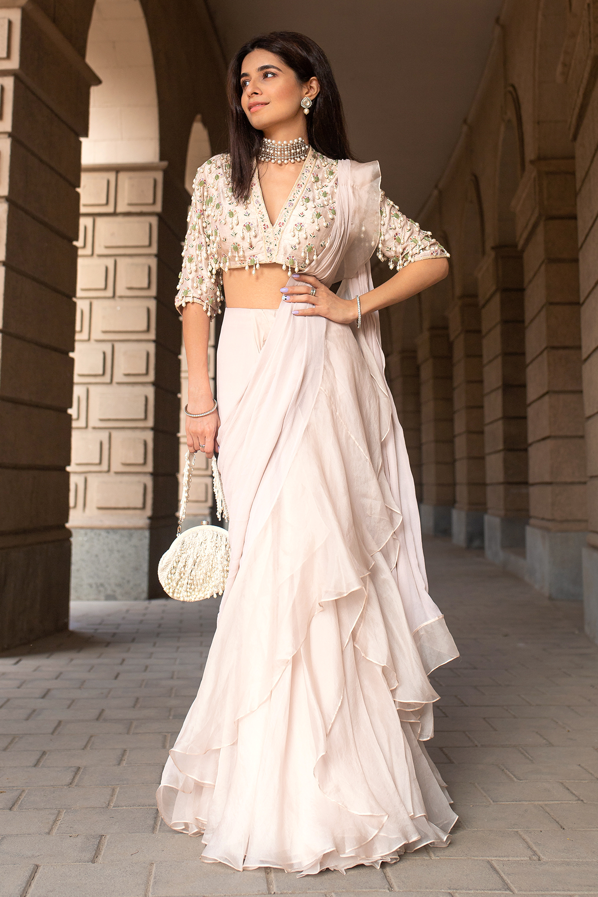 RM_Pearl Drop Blouse with Chiffon and Organza Ruffled saree