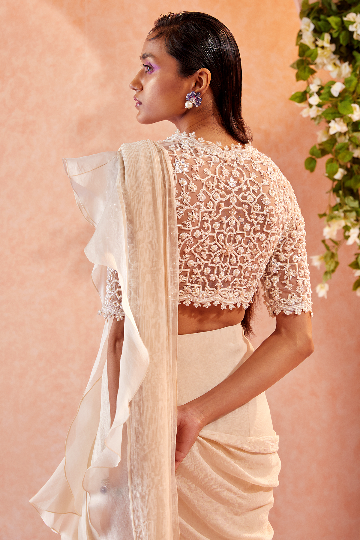 Ridhi-Mehra-Dirty Ivory net embroidered blouse and chiffon-organza draped ruffle saree