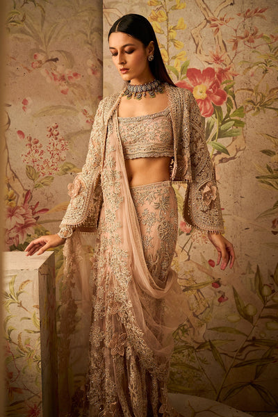 Ridhi-Mehra-Dusky Pink Embroidered Sleeveless Blouse, Skirt, Drape Paired With Short Embroidered Full Sleeves Jacket