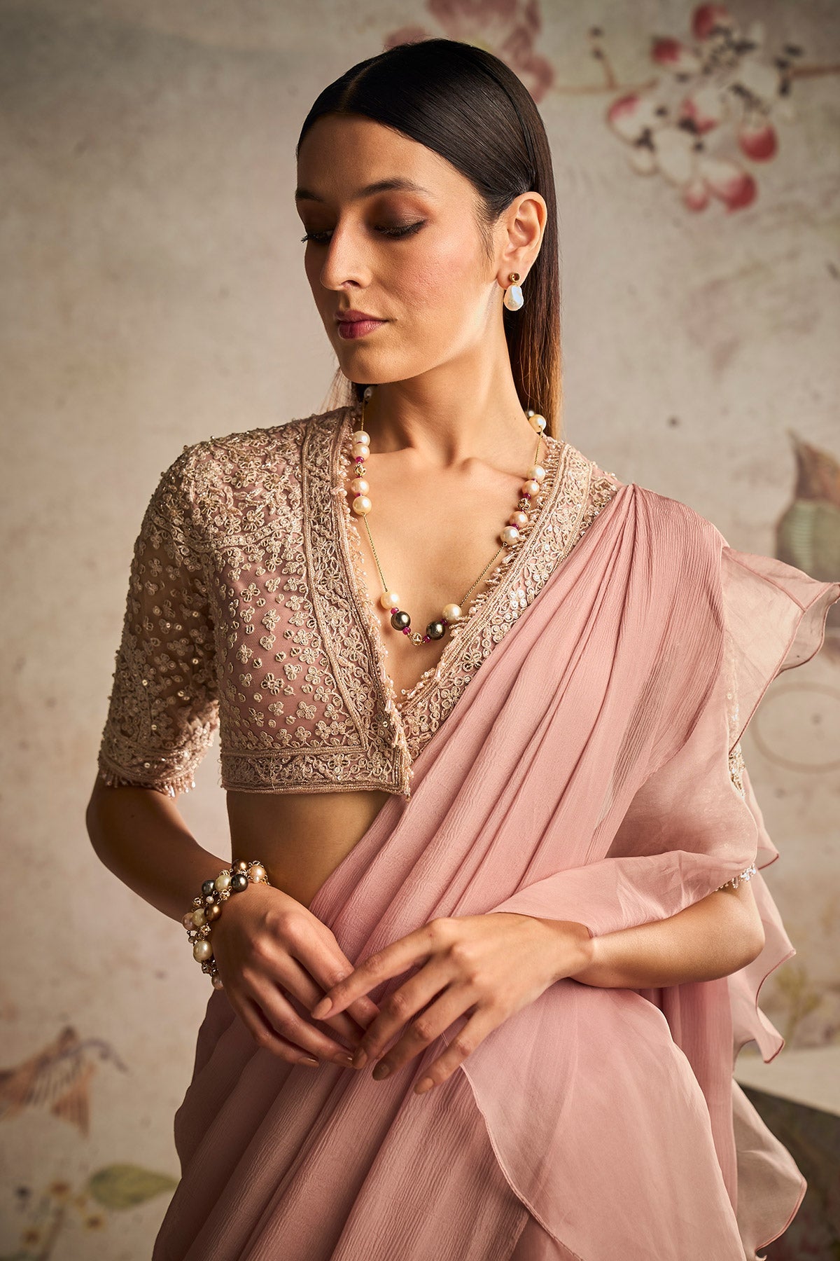 Ridhi-Mehra-Dusky Pink Heavily Net Embroidered Saree