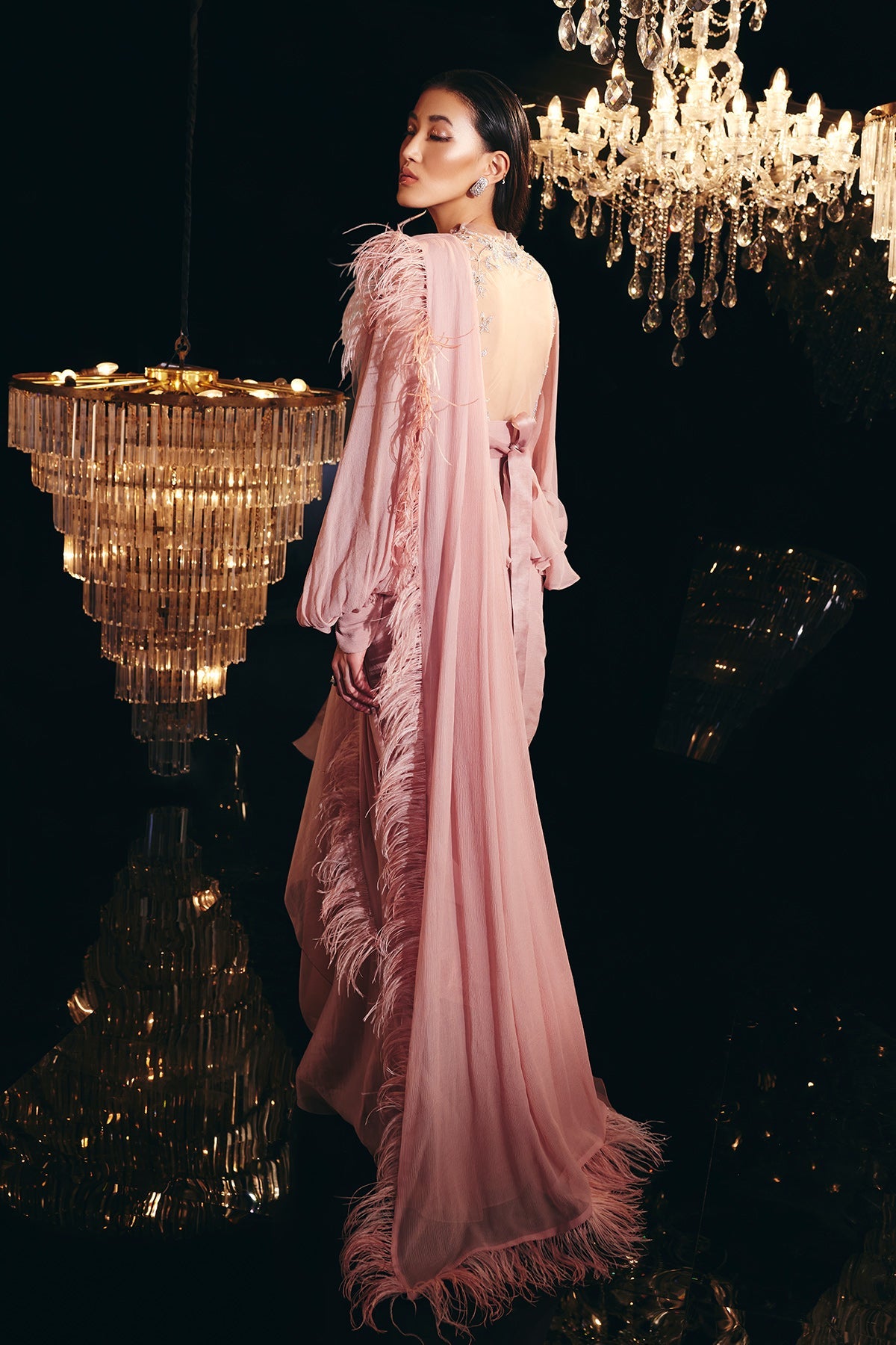 Ridhi-Mehra-Dusky Pink embroidered net chiffon peplum with exaggerated-sleeves and chiffon organza drape saree