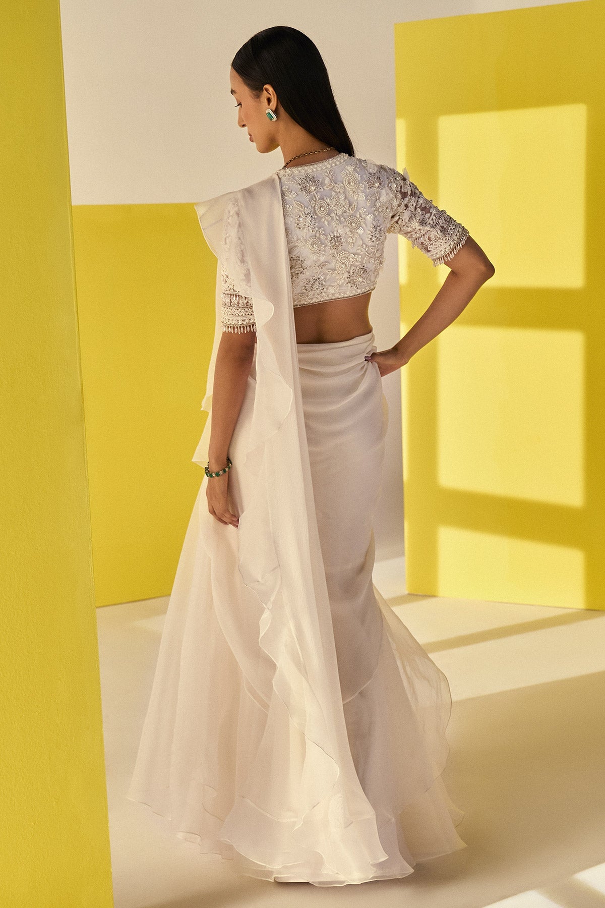 Ridhi-Mehra-Ivory Net Pearl Embroidered-Saree