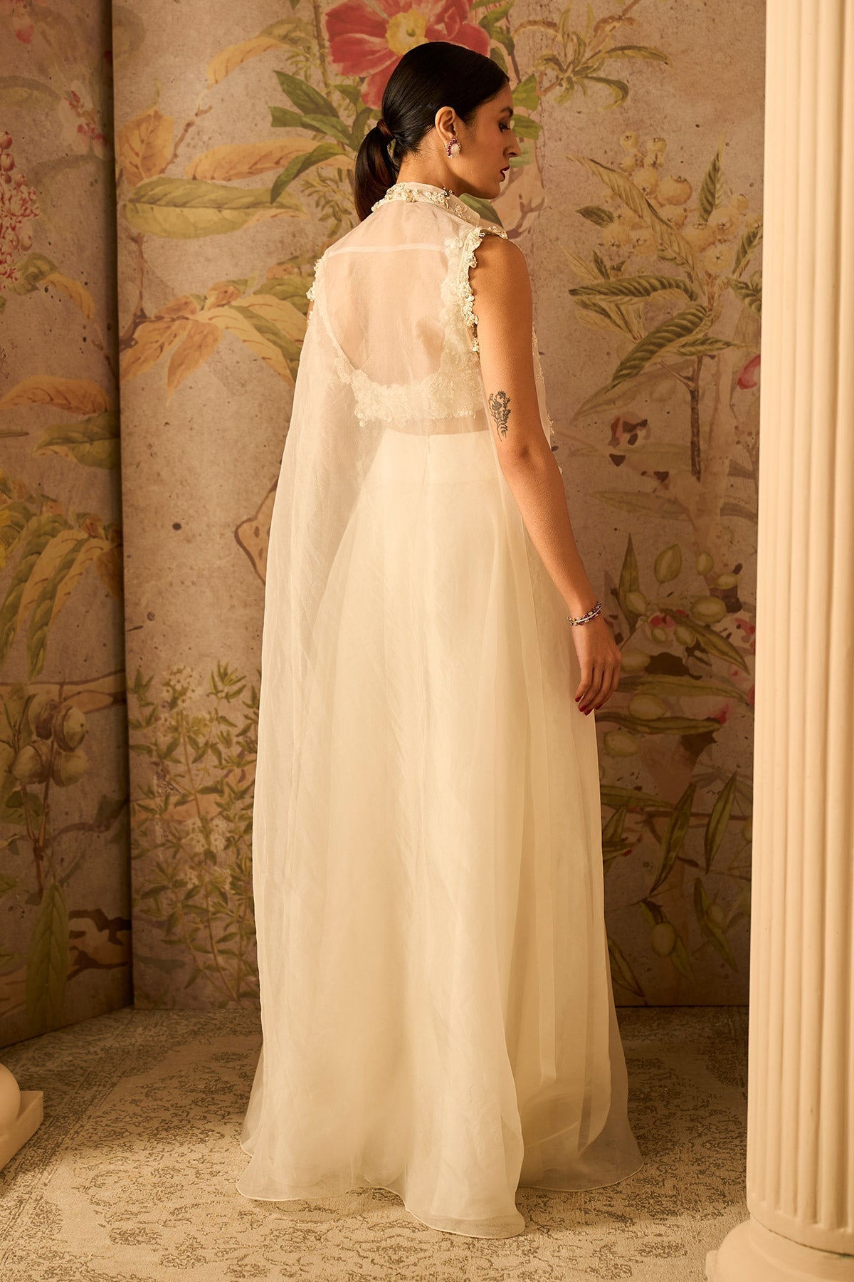 Ridhi-Mehra-Ivory Pearl Embroidered Blouse Paired With Organza Sharara