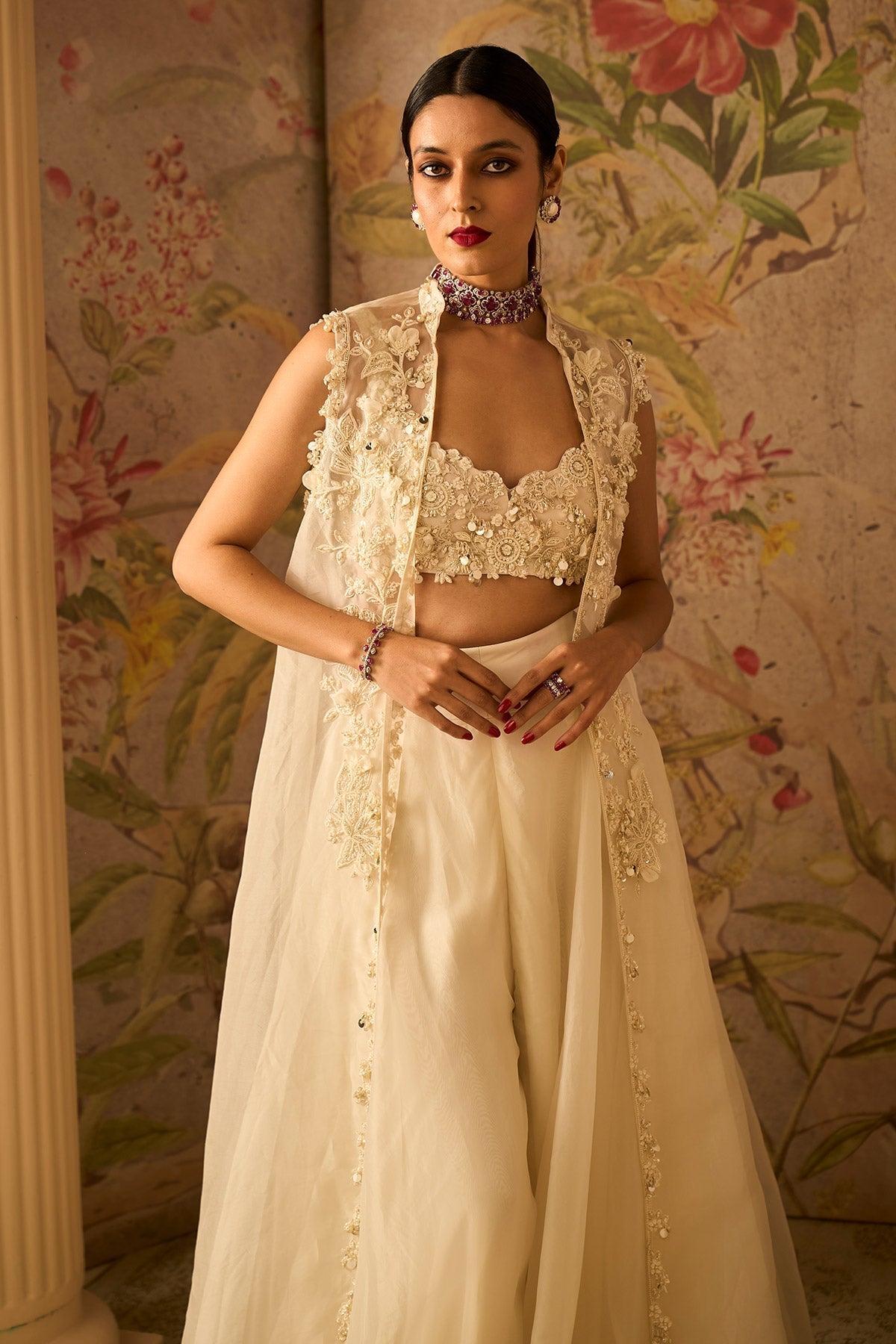 Ridhi-Mehra-Ivory Pearl Embroidered Blouse Paired With Organza Sharara