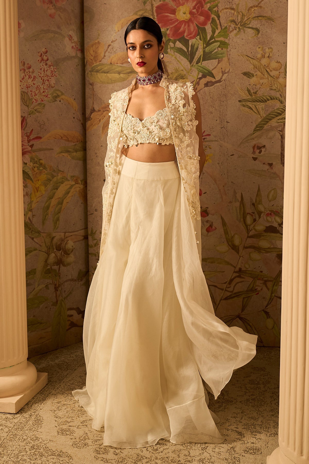 Ridhi-Mehra-Ivory Pearl Embroidered Blouse Paired With Organza Sharara and Embroidered Organza Sleeveless Jacket