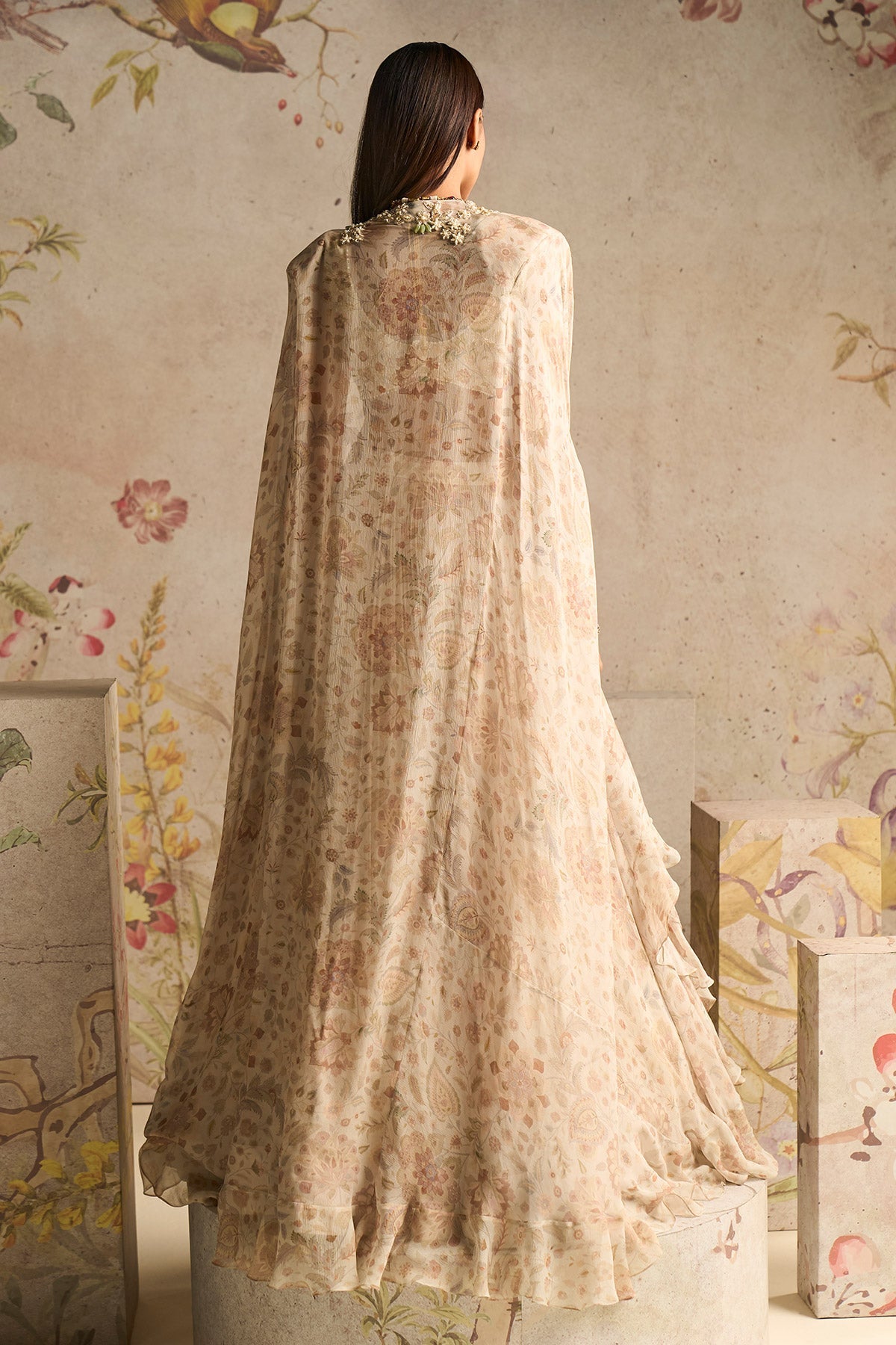 Ridhi-Mehra-Ivory Printed Chiffon Embroidered Blouse With Printed Chiffon-Skirt-and-Embroidered-Cape