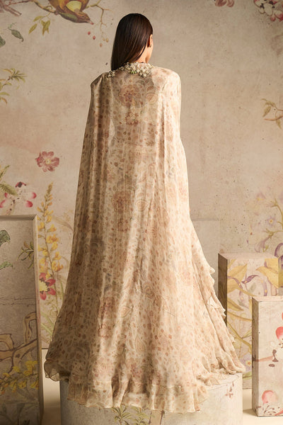 Ridhi-Mehra-Ivory Printed Chiffon Embroidered Blouse With Printed Chiffon-Skirt-and-Embroidered-Cape