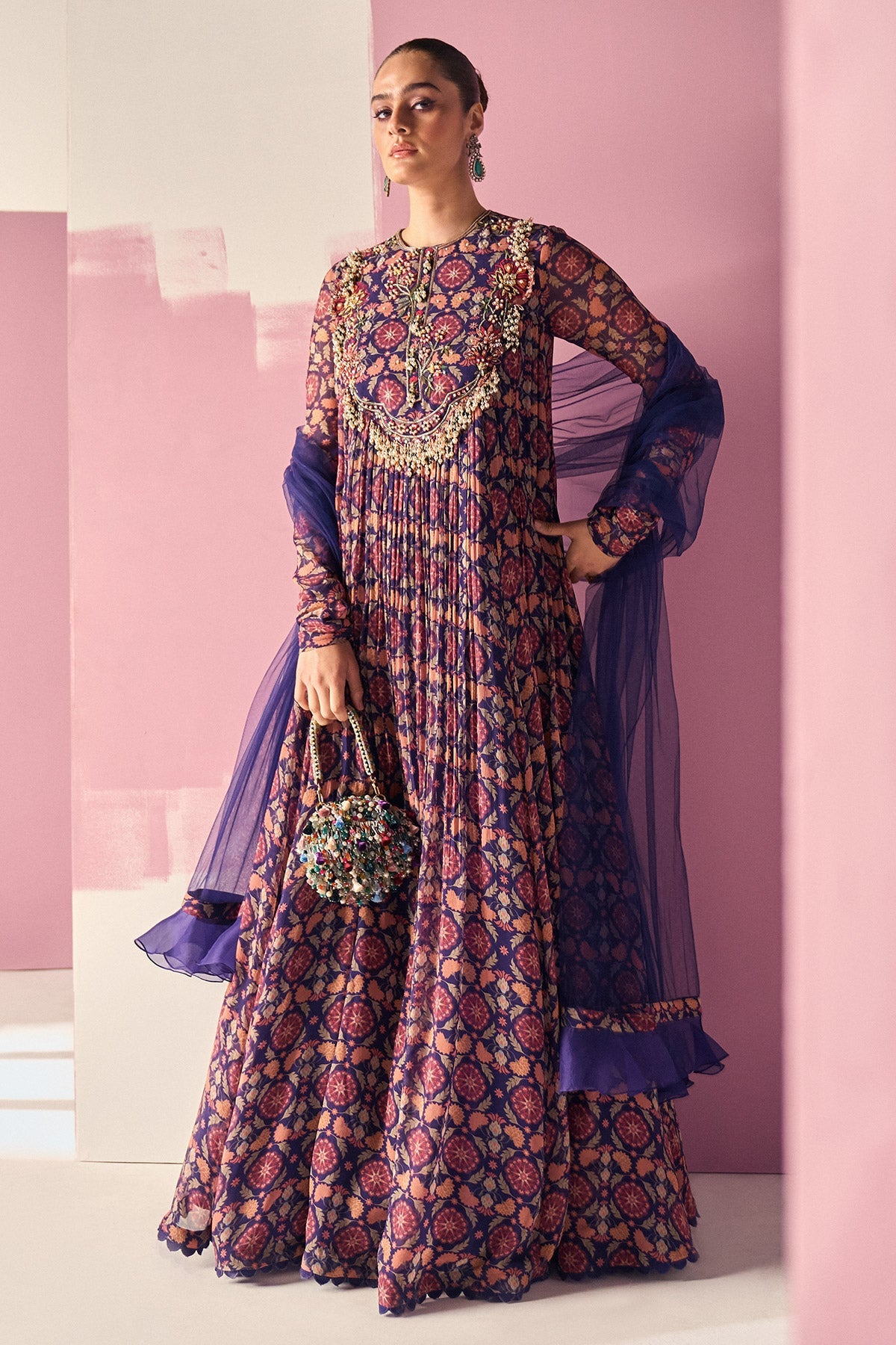 Ridhi-Mehra-Navy Printed Chiffon Full Length Anarkali 