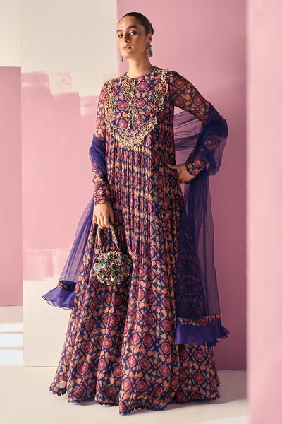 Ridhi-Mehra-Navy Printed Chiffon Full Length Anarkali 