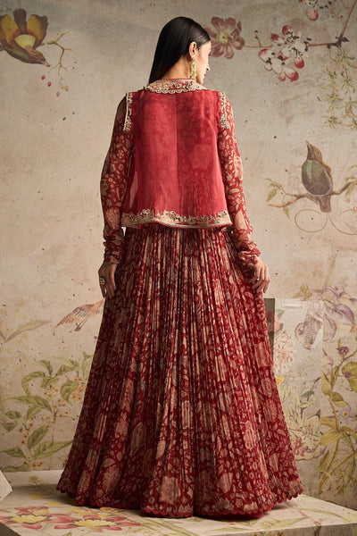 Ridhi-Mehra-Red Printed Chiffon Long Anarkali Paired With Embroidered Sleeveless Organza Jacket