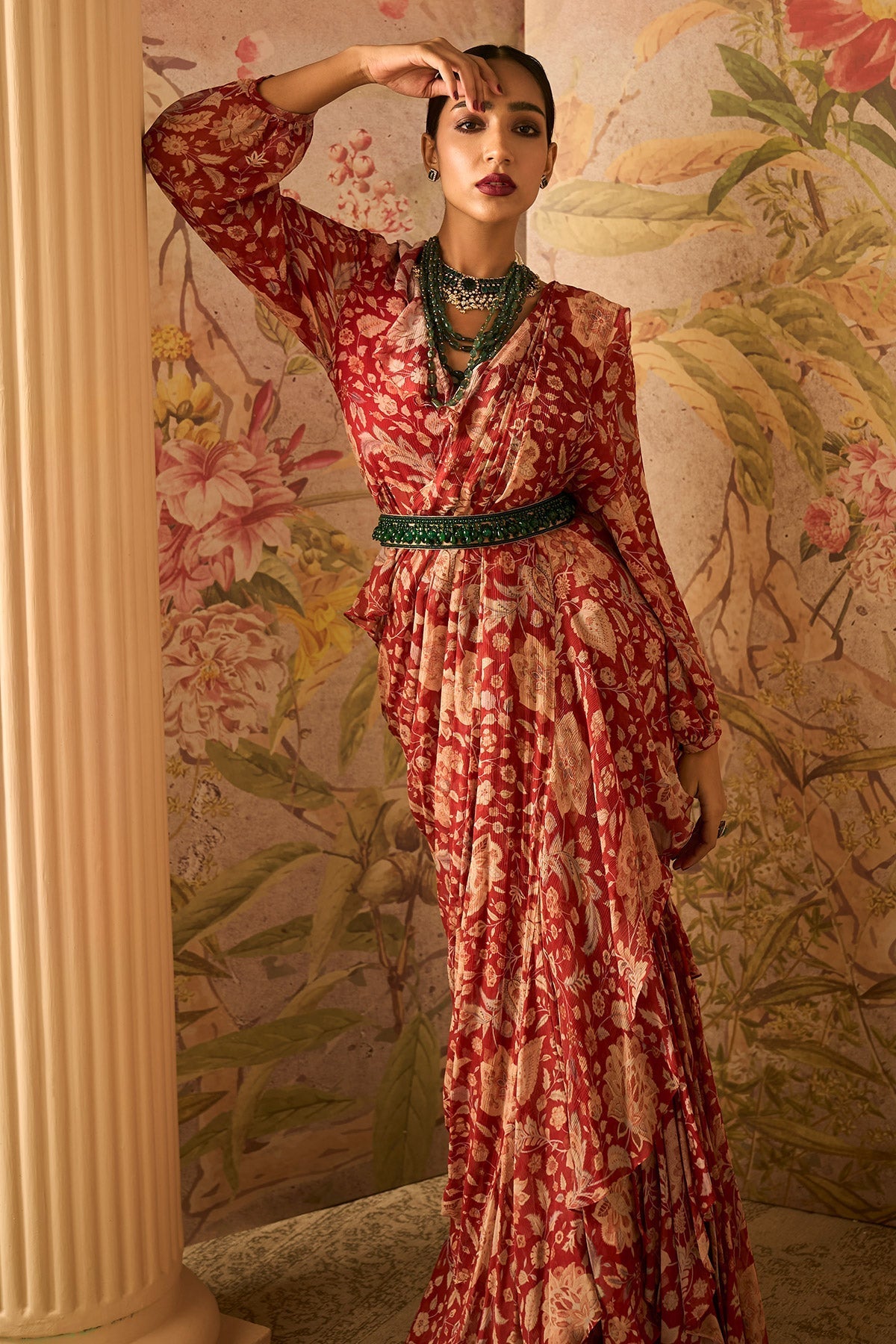 Ridhi-Mehra-Red Printed Chiffon Overlap Jacket Paired With Printed Chiffon Draped Saree and Jewelled Belt