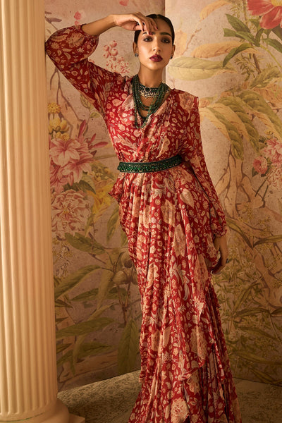 Ridhi-Mehra-Red Printed Chiffon Overlap Jacket Paired With Printed Chiffon Draped Saree and Jewelled Belt