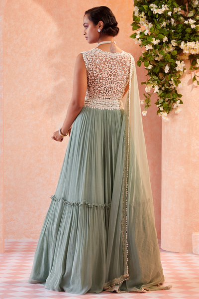 Ridhi-Mehra-Sea green net embroidered blouse and chiffon