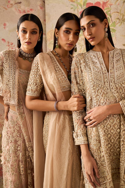 Ridhi-mehra-Dusky Pink Embroidered Sleeveless Blouse, Skirt, Drape Paired With Short Embroidered Full Sleeves Jacket