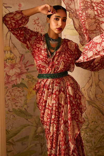 Ridhi-mehra-Red-Printed-Chiffon-Overlap Jacket Paired With Printed Chiffon Draped Saree and Jewelled Belt