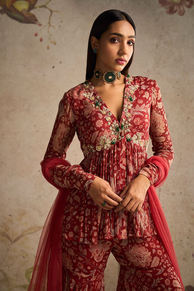 Ridhi-mehra-Red Printed Chiffon Peplum Paired With Printed Chiffon Gharara and Net Dupatta