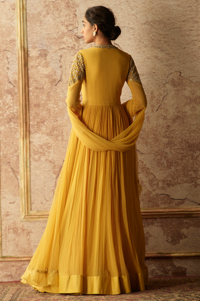 RidhiMehra-Ochre yellow chiffon embroidered anarkali