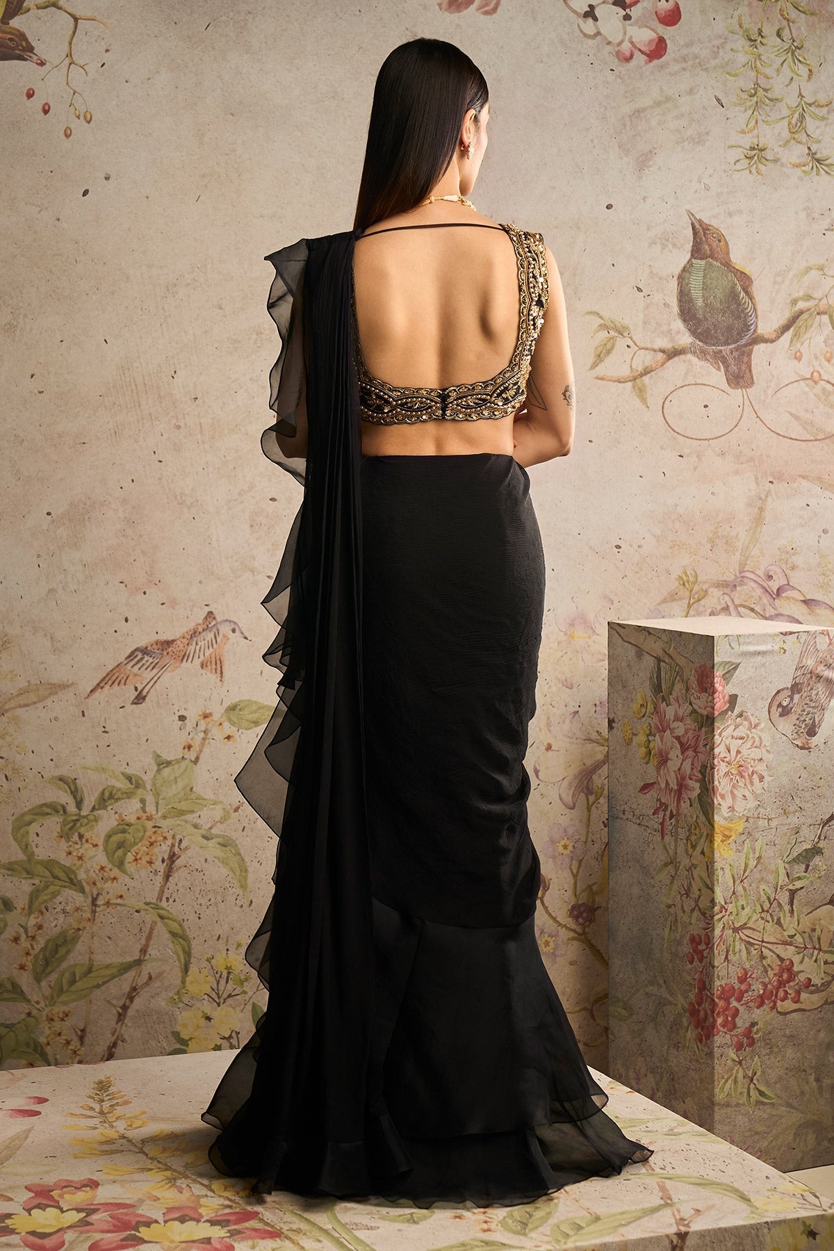 Ridhimehra-Black Net Gold Embroidered Saree