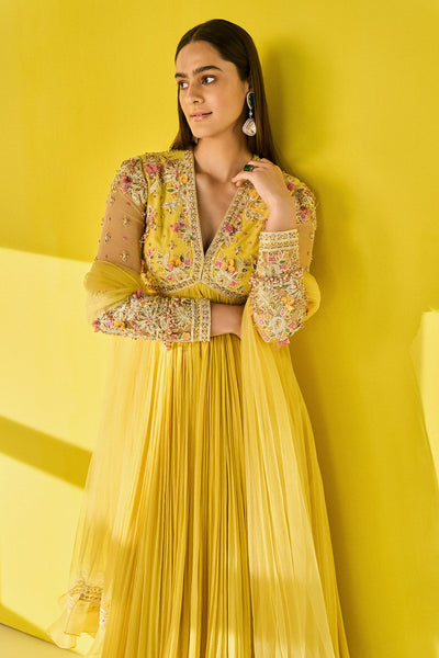 Ridhimehra-Yellow Chiffon Multi Colored Embroidered Anarkali