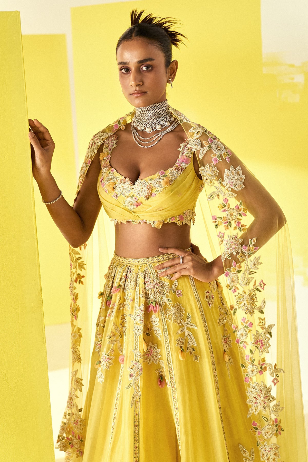 Ridhimehra-Yellow Organza Multicoloured Embroidered Lehenga