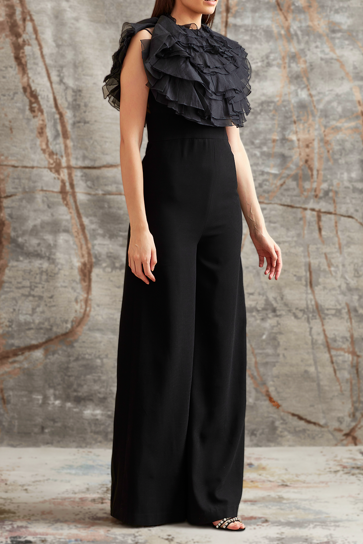 Black jumpsuit top with ruffles