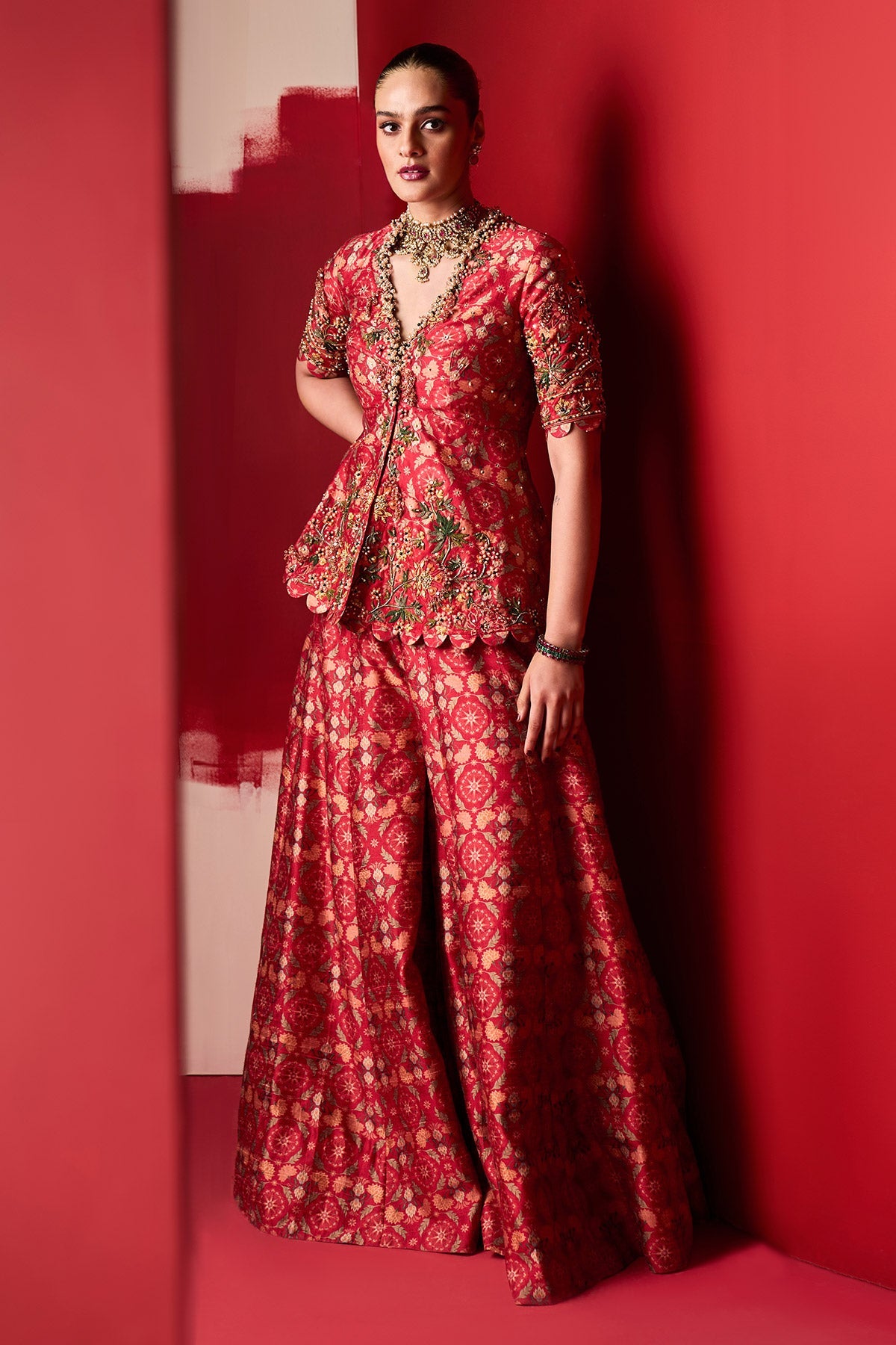 RIDHI-MEHRA---Red Printed Raw Silk Embroidered Sharara