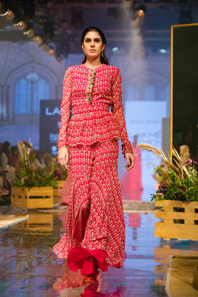 RIDHI-MEHRA-Deep Fuschia Printed Peplum Top with Garara