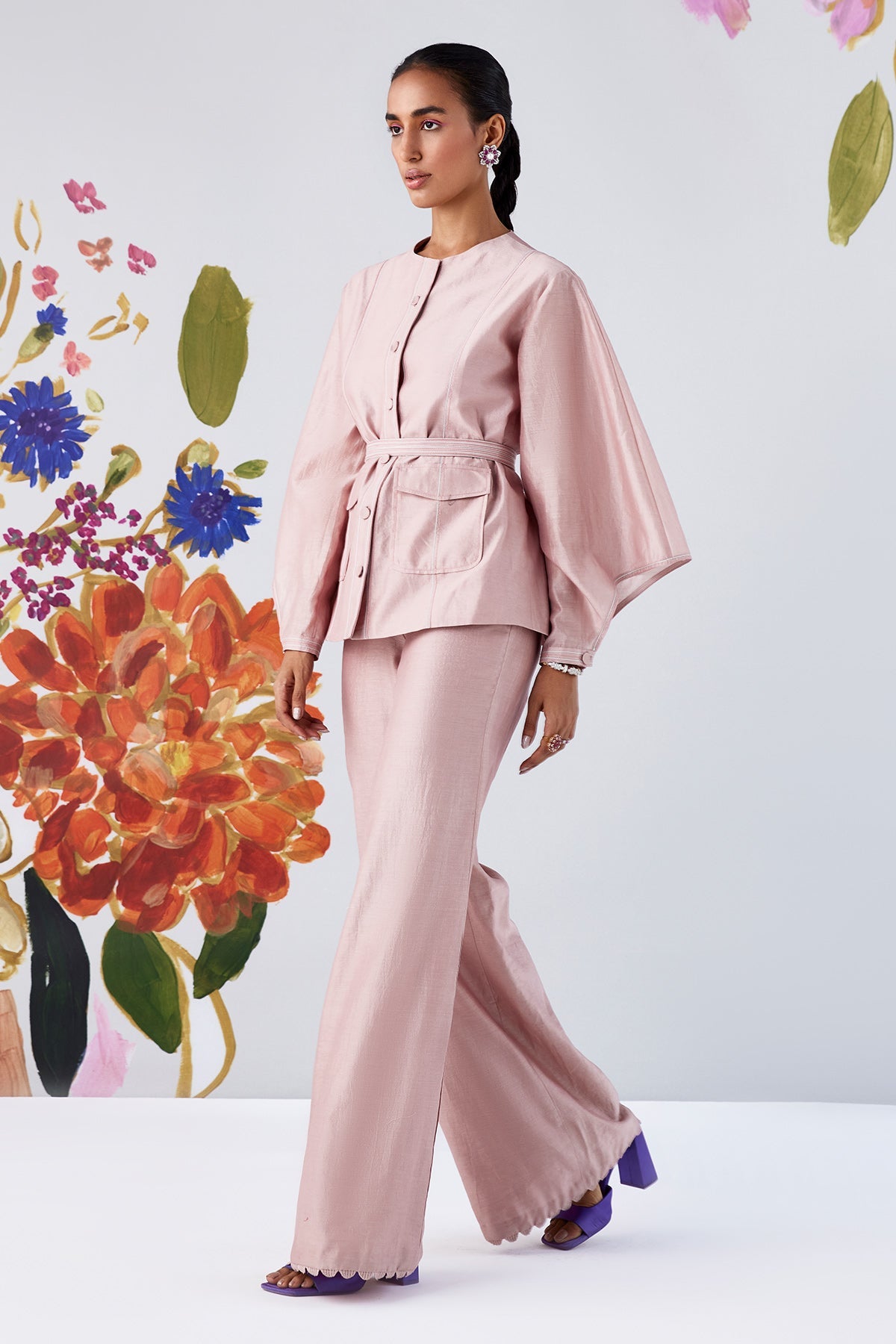 RIDHI-MEHRA-Dusky pink anchor detailed shirt and flared pants paired with anchor detailed belt