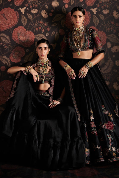 RIDHI-MEHRA-Embroidered-net blouse with embroidered raw silk lehenga and net ruffled dupatta