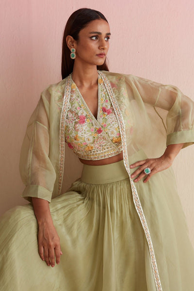 RIDHI-MEHRA-MINT GREEN NET EMBROIDERED BLOUSE WITH PLAIN ORGANZA