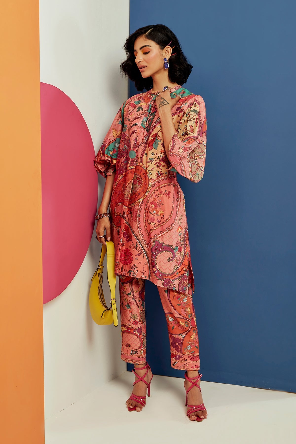 RIDHI-MEHRA-Multicoloured printed chanderi high low kurta paired with chanderi salwar pants