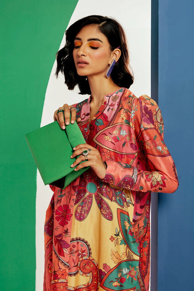 RIDHI-MEHRA-Multicoloured printed chanderi straight long kurta with puff sleeves