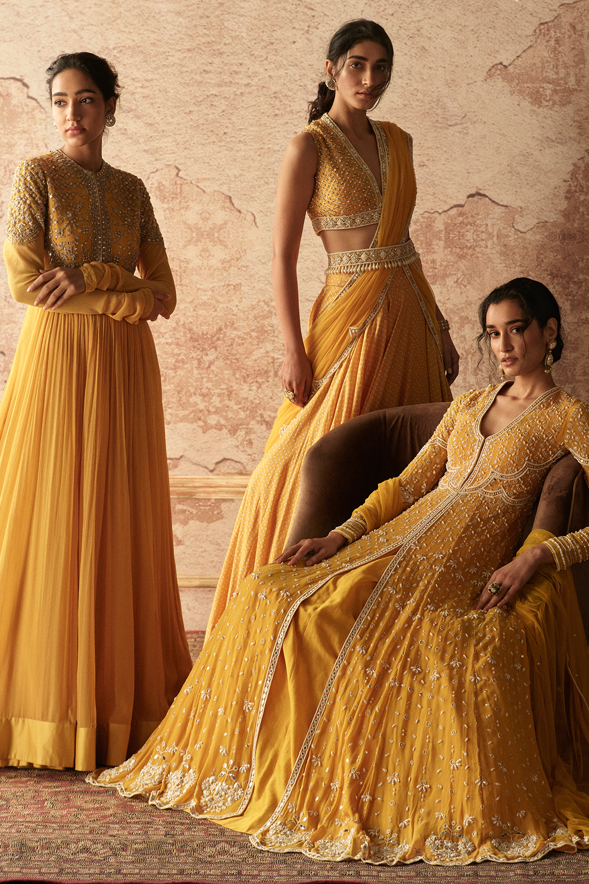 RIDHI MEHRA Ochre yellow chiffon embroidered anarkali