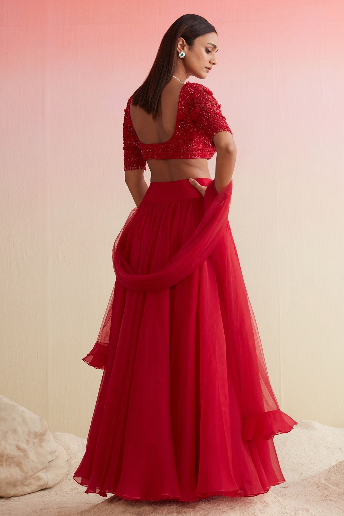 RIDHI-MEHRA-RED EMBROIDERED NET BLOUSE PAIRED WITH PLAIN ORGANZA SKIRT