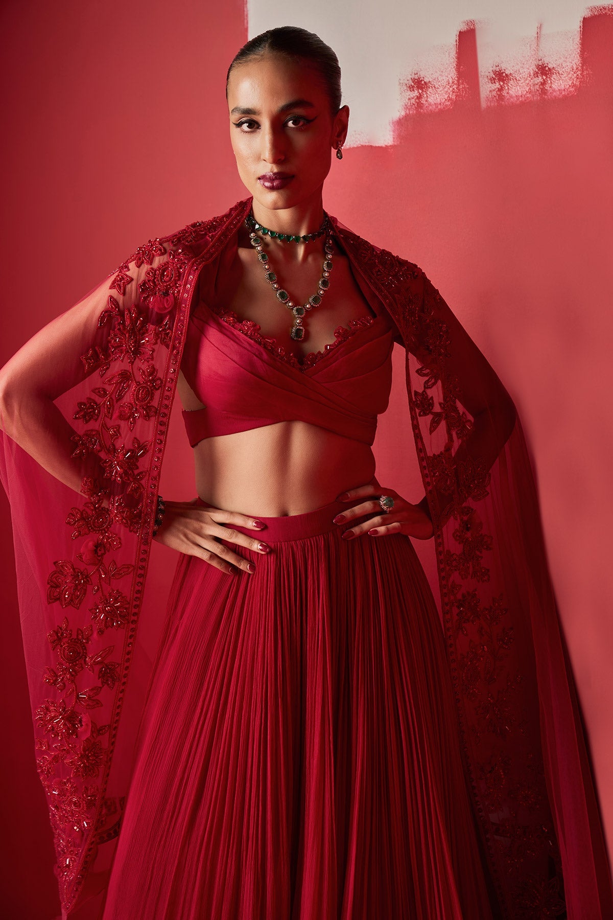 RIDHI-MEHRA-Red Net Monotone Embroidered Organza Draped Blouse Paired With Chiffon Ruching Skirt