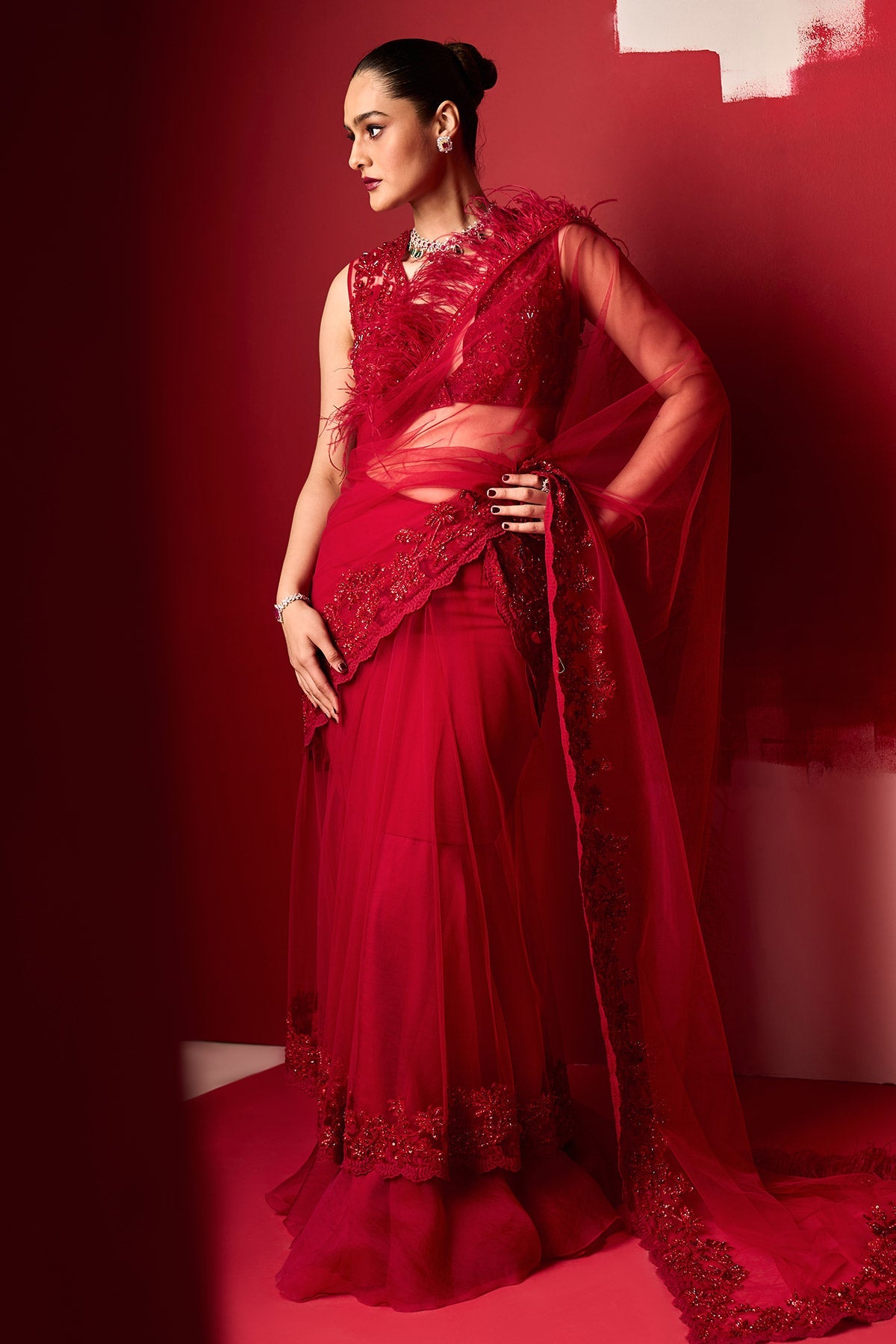 RIDHI-MEHRA-Red Net Monotone Embroidered Saree