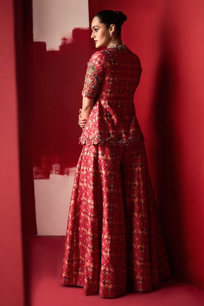 RIDHI-MEHRA-Red Printed Raw Silk Embroidered-Sharara