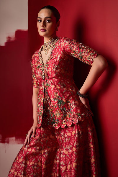 RIDHI-MEHRA-Red Printed Raw Silk Embroidered Sharara