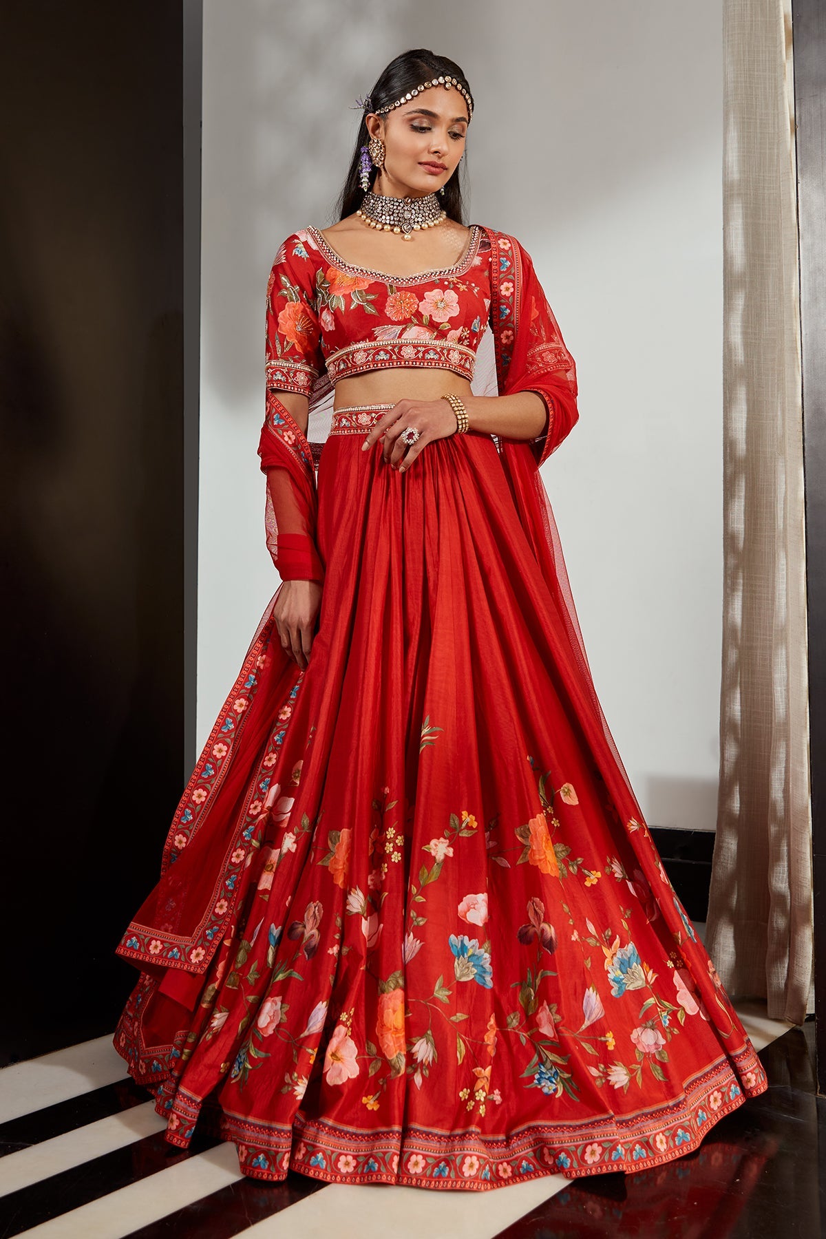RIDHI-MEHRA-Silk printed embroidered skirt and blouse paired with net dupatta