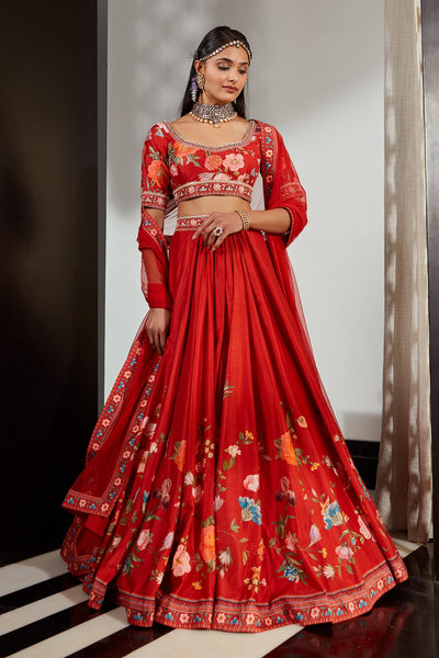RIDHI-MEHRA-Silk printed embroidered skirt and blouse paired with net dupatta