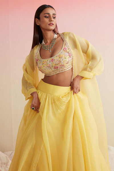 RIDHI-MEHRA-YELLOW NET EMBROIDERED BLOUSE PAIRED WITH PLAIN ORGANZA