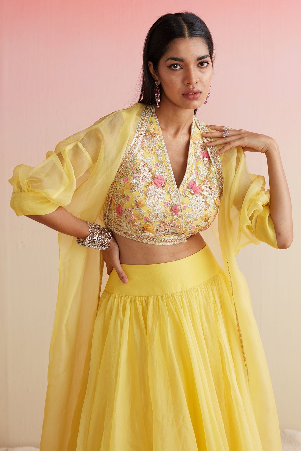 RIDHI-MEHRA-YELLOW NET EMBROIDERED BLOUSE PAIRED WITH PLAIN ORGANZA SKIRT