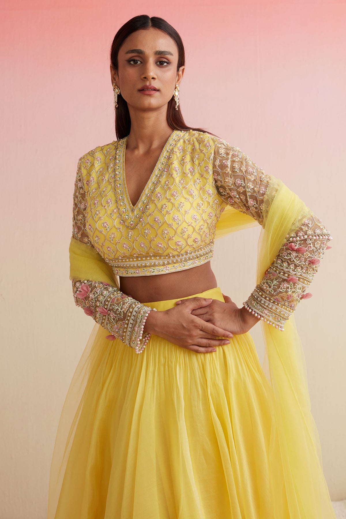 RIDHI-MEHRA-YELLOW NET FULL SLEEVES EMBROIDERED BLOUSE PAIRED WITH PLAIN ORGANZA