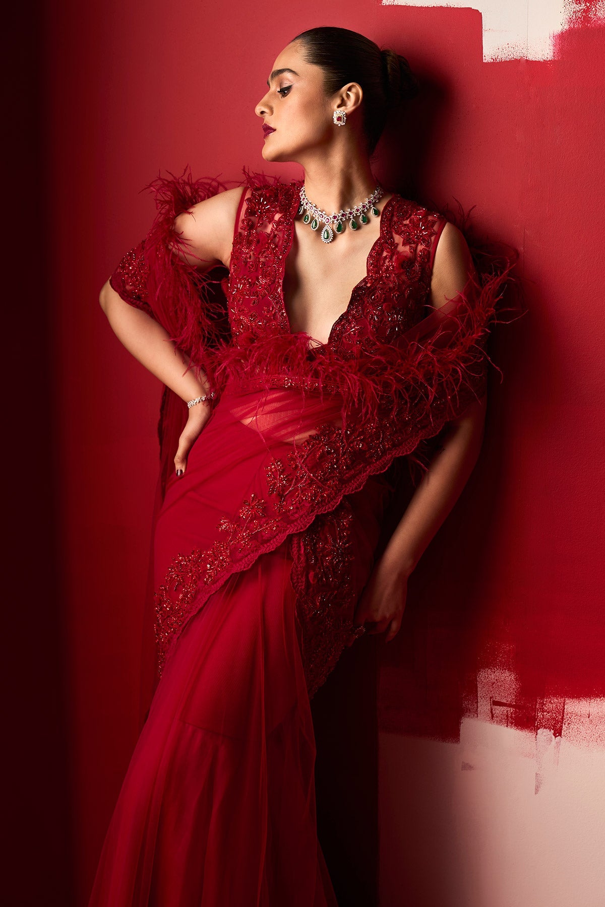 RIDHI-MEHRA Red Net Monotone Embroidered Saree