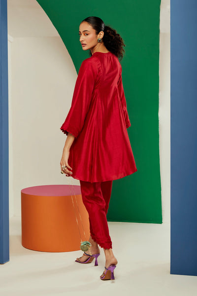 RIDHI-MEHRA Red silk flared short kurta with tulip pants