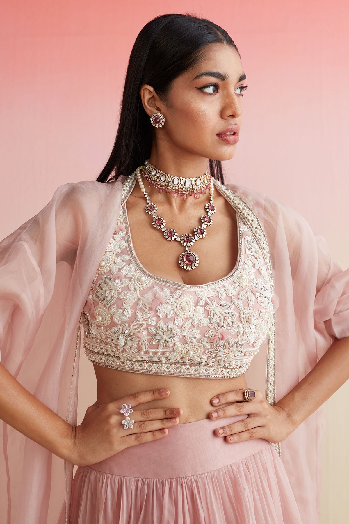 RIDHIMEHRA-DUSCKY PINK EMBROIDERED NET-SLEEVELESS 