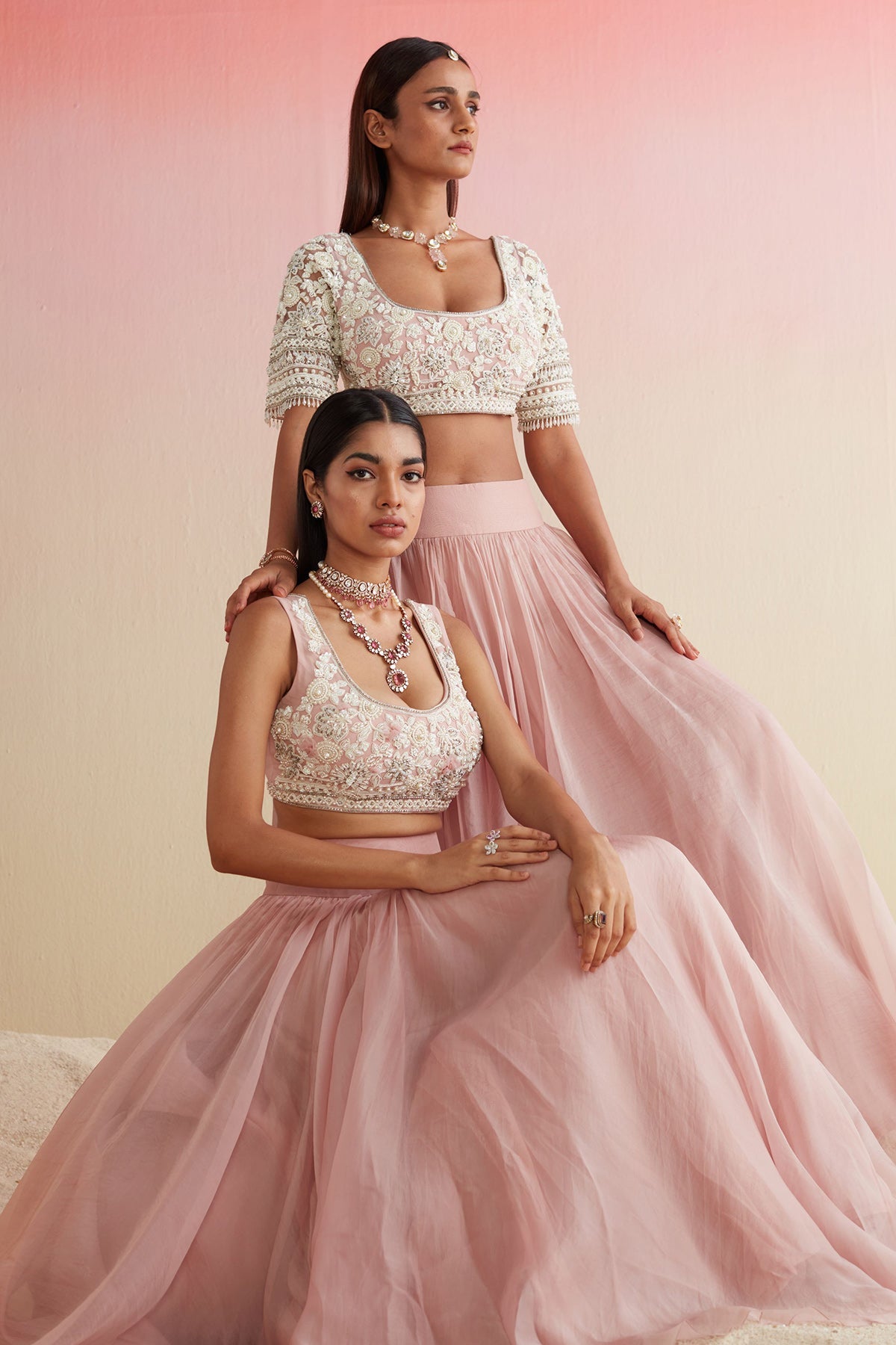 RIDHIMEHRA-DUSKY PINK EMBROIDERED NET-BLOUSE-SKIRT-ORGANZA